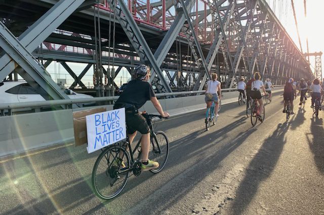 A photo of cyclists crossing the Williamsburg Bridge during a Black Lives Matter ride on June 8th, 2020